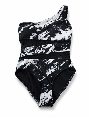 Carmen Marc Valvo One Shoulder Black White Abstract Swimsuit Mesh One Piece